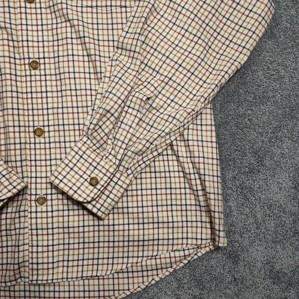 Cabelas Mens Long Sleeve Plaid Button Up Shirt Brown Tan Pocket Casual L